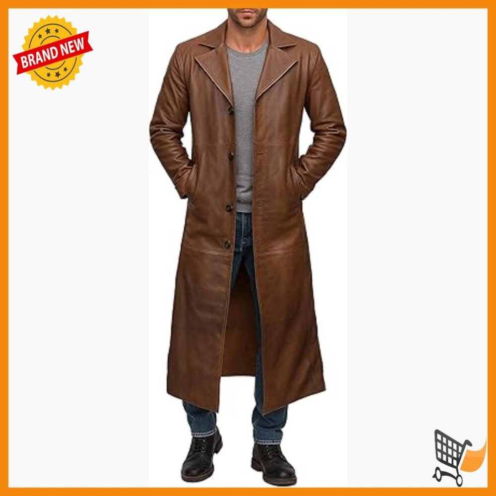 Vintage German Officer Leather Trench Coat Double Breasted Long Jacket
